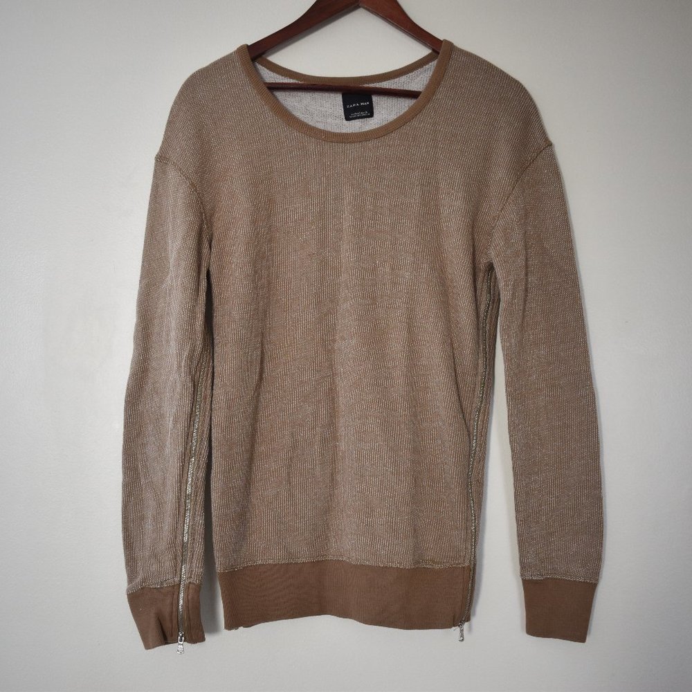 Zara Man tan knit shirt with cream threading and side zippers for flair small